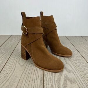 See by Chloé Suede Buckle Ankle Booties 38 Tobacco (Tan) & Goldtone Metal $525